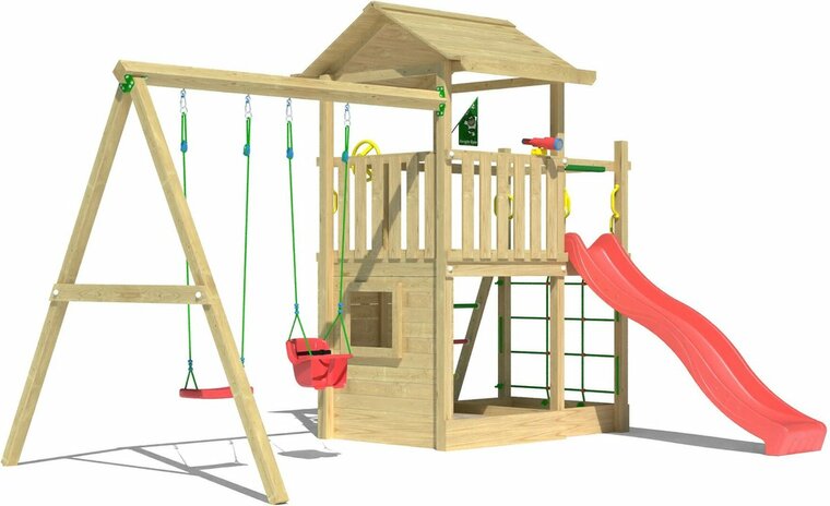 voorkant Houten Speeltoren Jungle Cavern met Rode Glijbaan en Dubbele Schommel