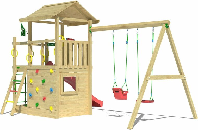 zijkant Houten Speeltoren Jungle Cavern met Rode Glijbaan en Dubbele Schommel