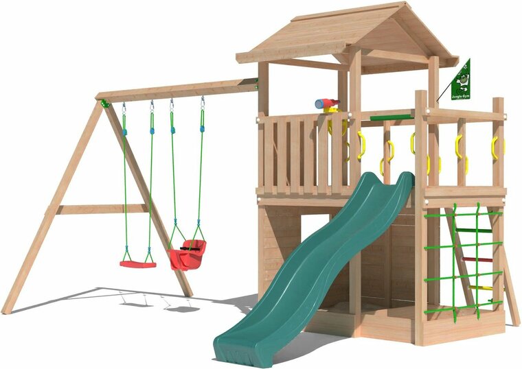 Douglas Houten Speeltoren Jungle Cavern l Groen en Dubbele schommel