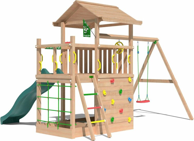 achterzijde Douglas Houten Speeltoren Jungle Cavern l Groen en Dubbele schommel