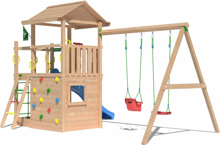 zijkant van Douglas Houten Speeltoren Jungle Cavern l Blauw en Dubbele schommel