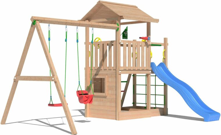 voorzijde Douglas Houten Speeltoren Jungle Cavern l Blauw en Dubbele schommel