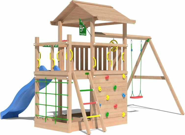 achterzijde Douglas Houten Speeltoren Jungle Cavern l Blauw en Dubbele schommel