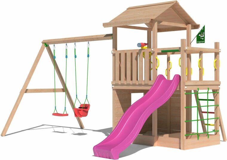 Douglas Houten Speeltoren Jungle Cavern l Fuchsia en Dubbele schommel