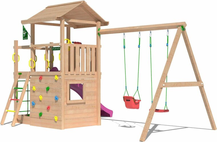 zijkant Douglas Houten Speeltoren Jungle Cavern l Fuchsia en Dubbele schommel