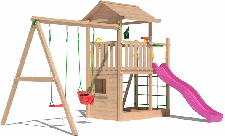 voorzijde Douglas Houten Speeltoren Jungle Cavern l Fuchsia en Dubbele schommel