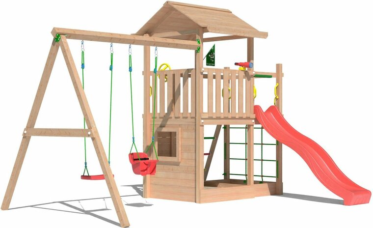 voorzijde Douglas Houten Speeltoren Jungle Cavern l Rood en Dubbele schommel