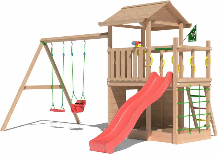 Douglas Houten Speeltoren Jungle Cavern l Rood en Dubbele schommel