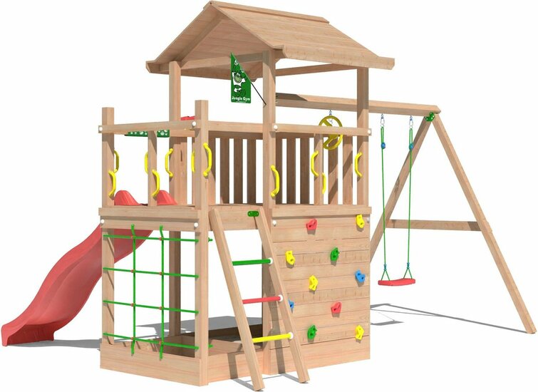 achterzijde Douglas Houten Speeltoren Jungle Cavern l Rood en Dubbele schommel