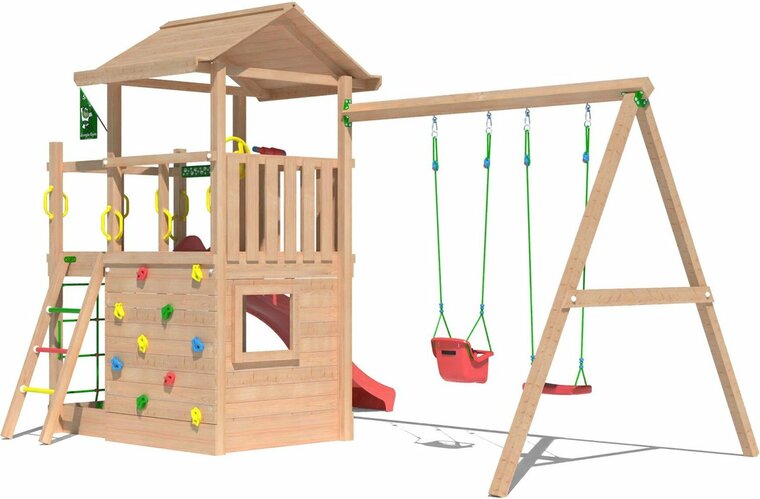 zijkant Douglas Houten Speeltoren Jungle Cavern l Rood en Dubbele schommel