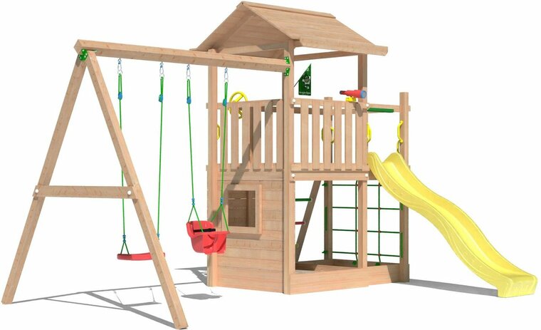 voorzijde Douglas Houten Speeltoren Jungle Cavern l Geel en Dubbele schommel