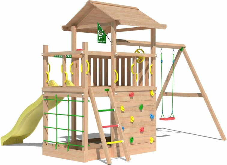 achterzijde Douglas Houten Speeltoren Jungle Cavern l Geel en Dubbele schommel