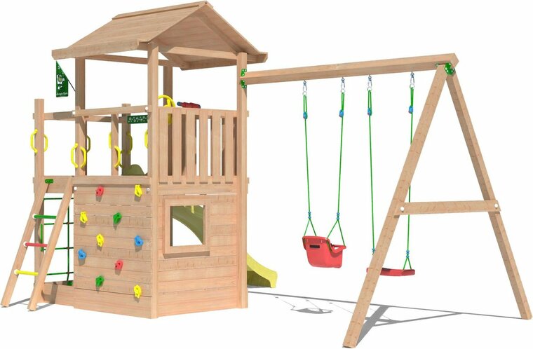 zijkant Douglas Houten Speeltoren Jungle Cavern l Geel en Dubbele schommel