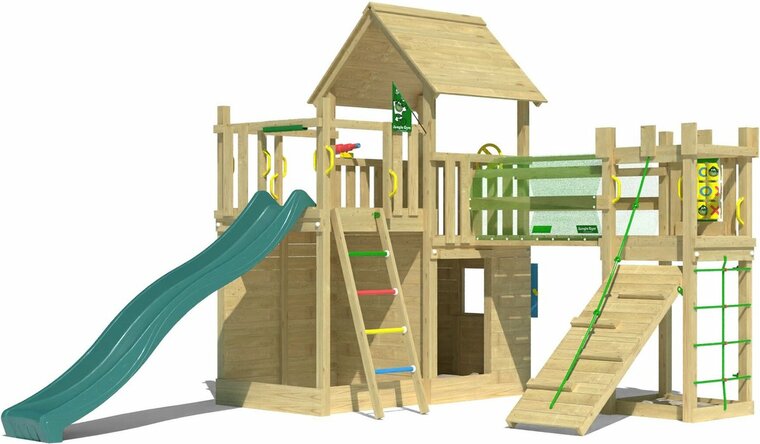 Houten Speeltoren Jungle Olympus met Groene Glijbaan 
