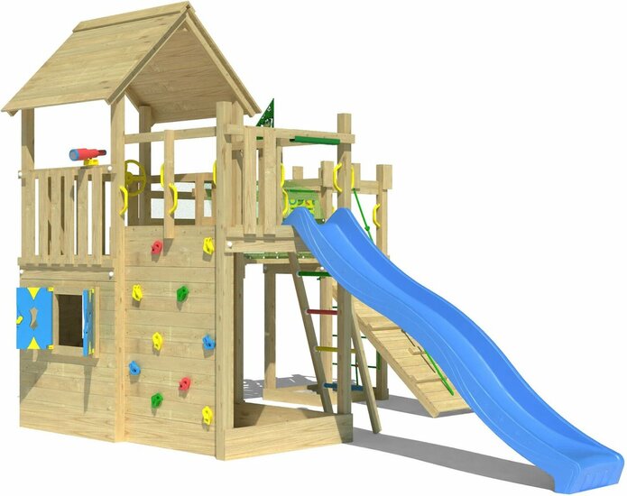 voorzijde Houten Speeltoren Jungle Olympus met Blauwe Glijbaan
