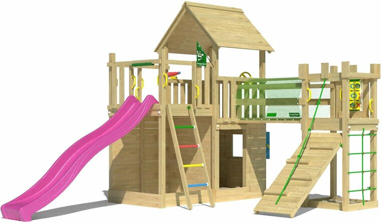 Houten Speeltoren Jungle Olympus met Fuchsia Glijbaan 