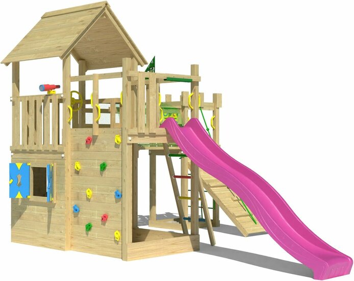voorzijde Houten Speeltoren Jungle Olympus met Fuchsia Glijbaan 