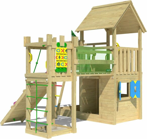 zijaanzicht van Houten Speeltoren Jungle Olympus met Fuchsia Glijbaan 