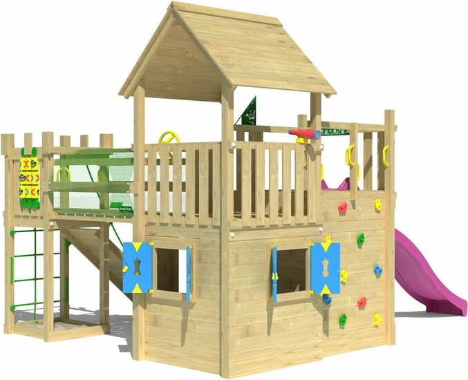 achterzijde Houten Speeltoren Jungle Olympus met Fuchsia Glijbaan 