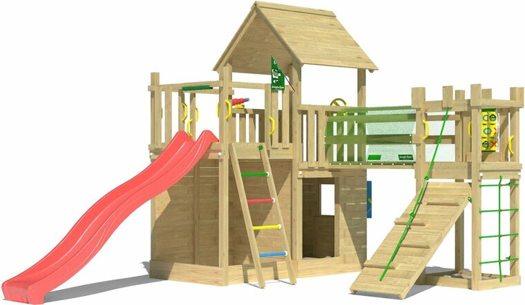Houten Speeltoren Jungle Olympus met Rode Glijbaan 