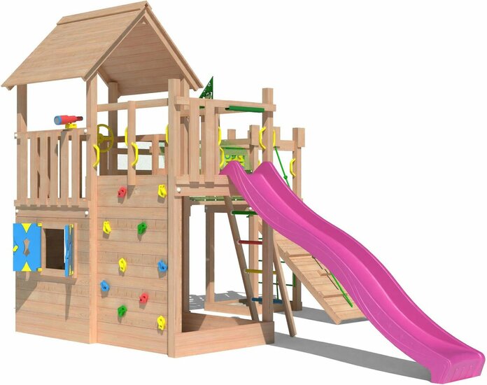 voorzijde van Douglas Houten Speeltoren Jungle Olympus met Fuchsia Glijbaan 