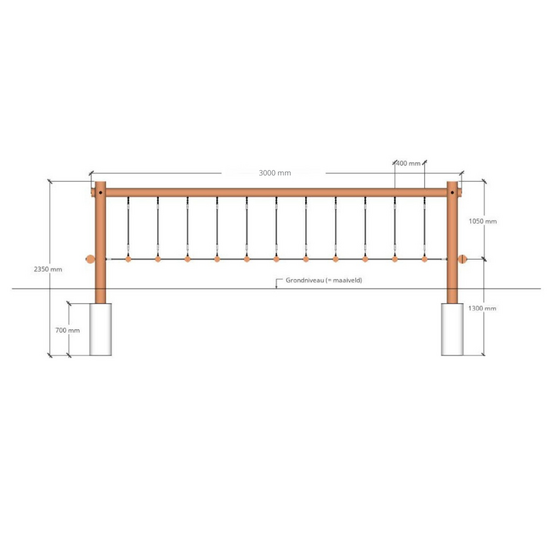 aanzichtstekening van B-Play Wiebelbrug Robinia Openbaar 300 cm