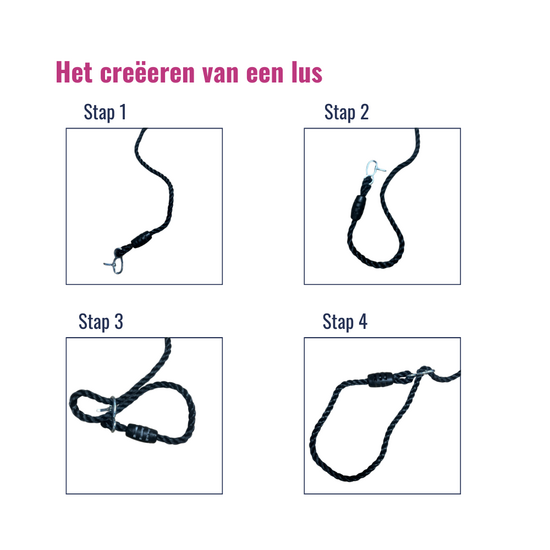 stappenplan voor het maken van een lus van B-Play Klimnet 200cm x 150cm PP Touw zwart