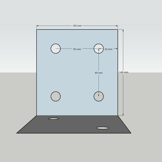 Afmetingen zijaanzicht Houtverbinding T- stuk zwart gepoedercoat voor balken tot 160 mm