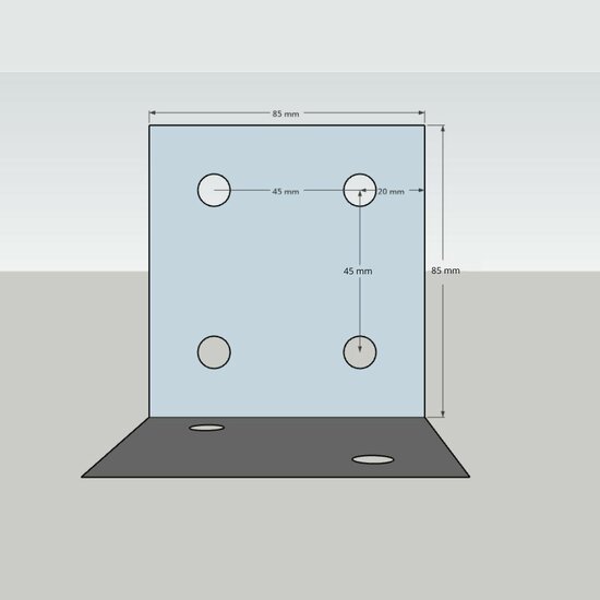 Afmetingen zijaanzicht Houtverbinding T- stuk zwart gepoedercoat voor balken tot 110mm
