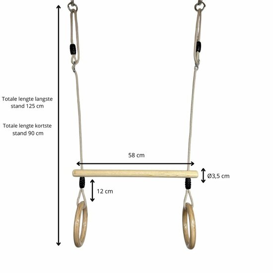 afmetingen B-Play Houten Trapeze met Houten Ringen Beige BR Touw