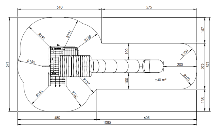 Afmetingen/Vrije ruimte an Eco-Play Robinia Ridderburcht met hoge RVS Buisglijbaan