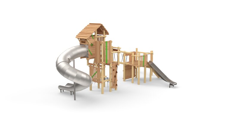 Eco-Play Robinia Combi-Ridderburcht met RVS Spiraalglijbaan, Tovertoren en evenwichtsparcours Openbaar