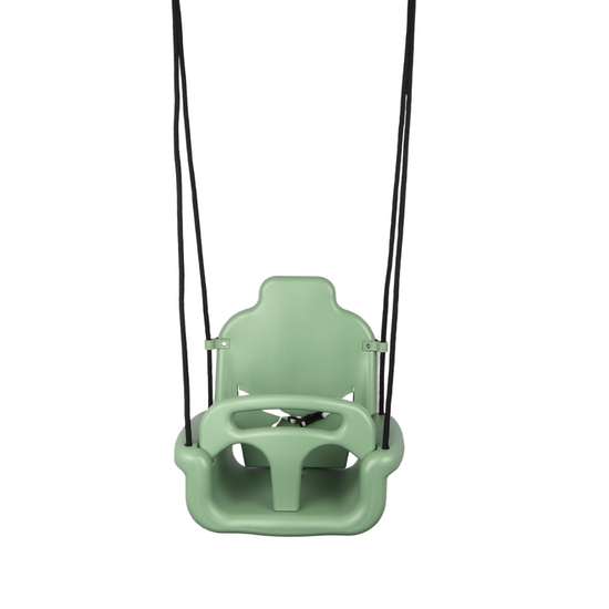 Voor aanzicht B-Play Babyschommel Groeimodel Pastel groen met BR touwen zwart