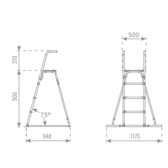 afbeelding met afmetingen voor vrijstaande ladder 90 cm platofrmhoogte