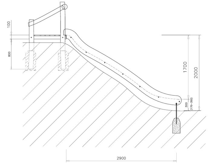 Tekening zijaanzicht Robinia Glijbaan PH 200 cm