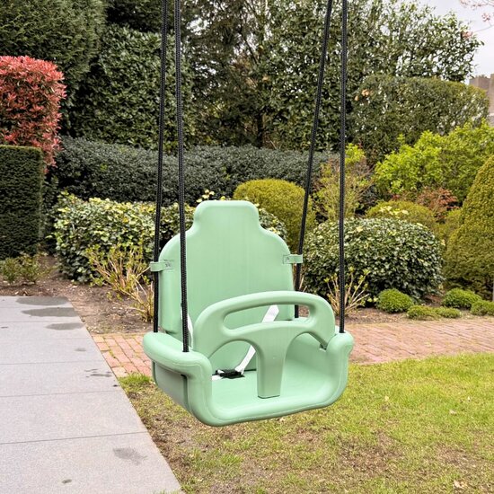 B-Play Babyschommel Groeimodel Pastel groen met BR touwen zwart in tuin 2