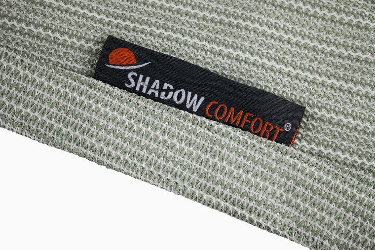 Detail kleur Moonstone green en merklabel Shadow Comfort van Schaduwdoek