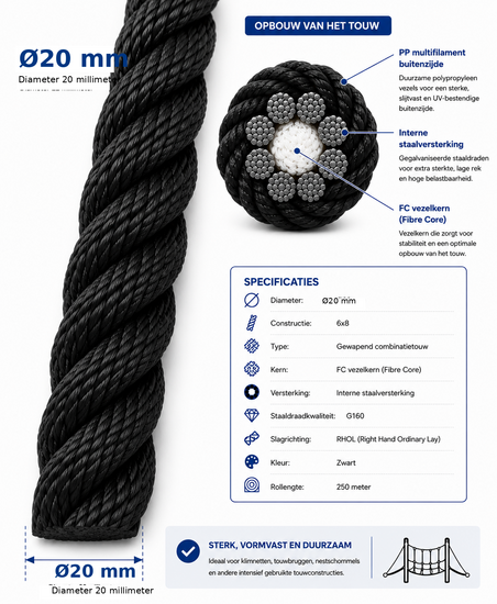 Enkele meter dikte Rol Gewapend touw 250 meter &Oslash;20mm Zwart 