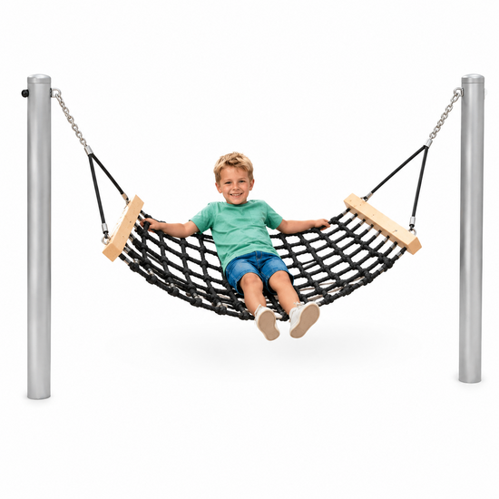 Complete hangmat met palen - 150 cm - Grijze palen - Openbaar gebruik - Zwart - Met kind