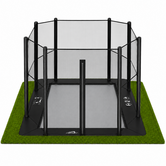 Akrobat Trampoline - Primus Flat To The Ground - 380 x 250 cm - Zwart/Grijs - Veiligheidsnet Zwart - Ritssluiting