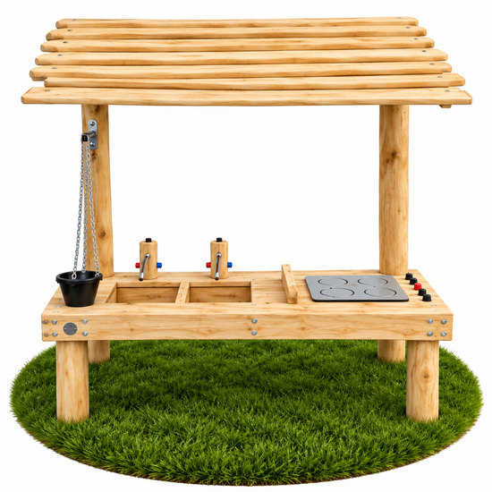 B-Play Robinia Speelkeuken met 2 Bakken inclusief Dak &amp; Zandtakel