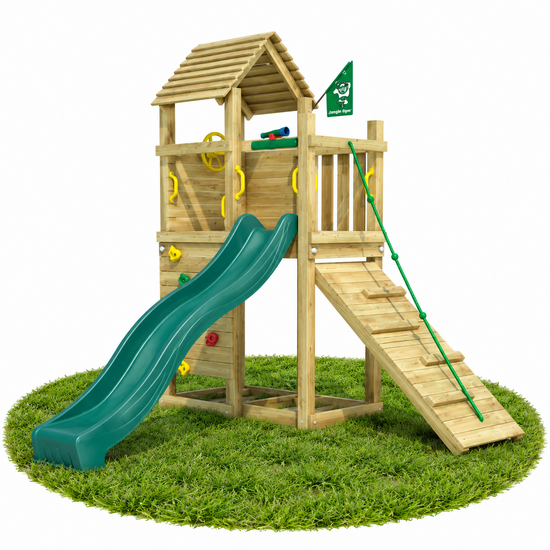 Premium Douglas Houten Speeltoren Jungle Roamer met Groene Glijbaan