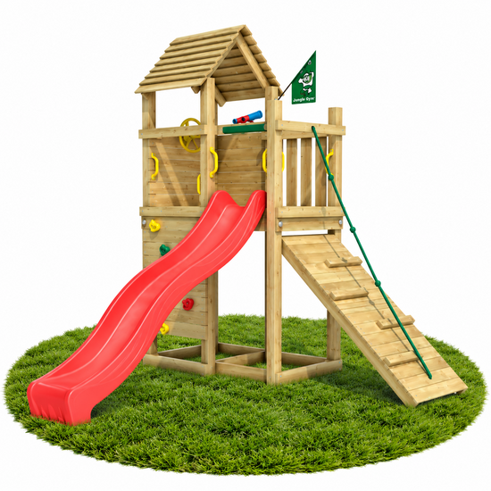 Houten Speeltoren Jungle Roamer met Rode Glijbaan