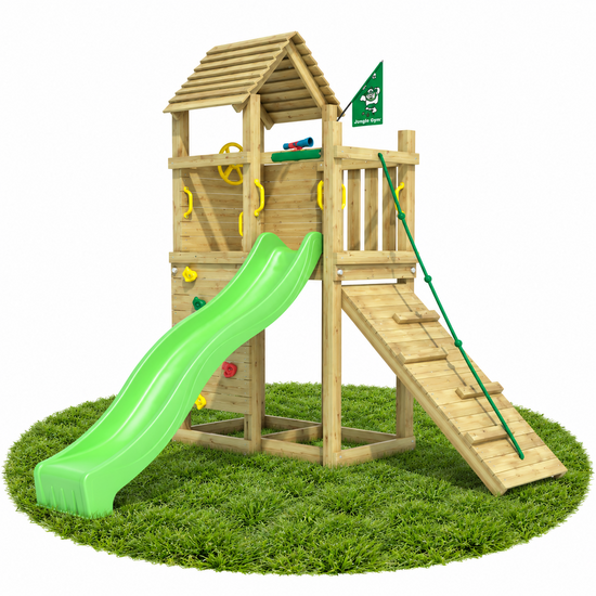 Houten Speeltoren Jungle Roamer met Lichtgroene Glijbaan