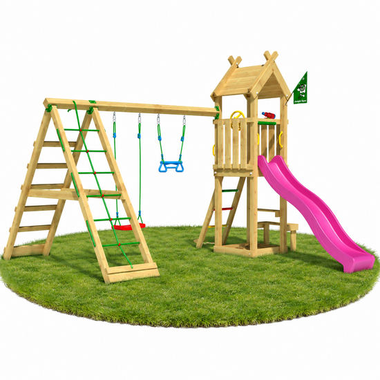 Houten Speeltoren Jungle Totem met Fuchsia Glijbaan en Klimnet