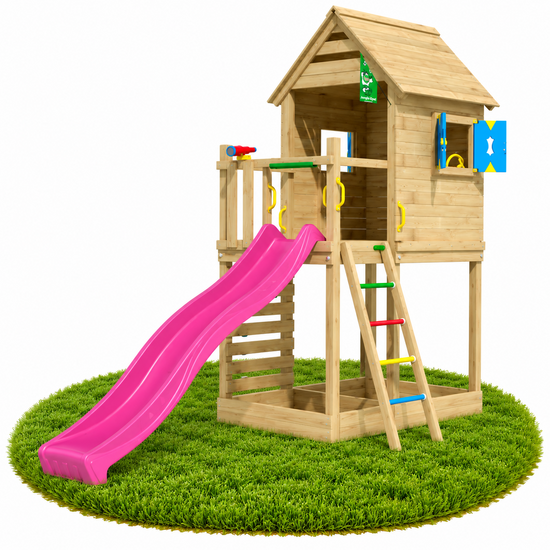 Houten Speeltoren Jungle Oasis met Fuchsia Glijbaan