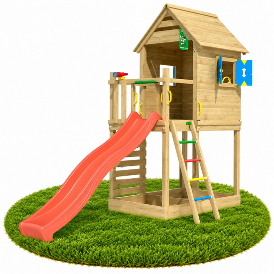 Houten Speeltoren Jungle Oasis met Rode Glijbaan