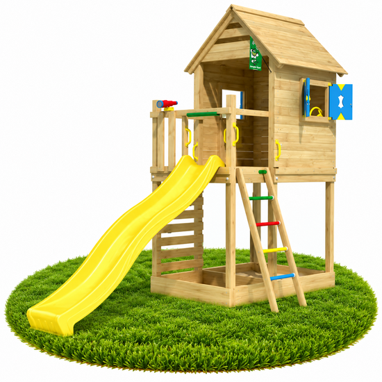 Houten Speeltoren Jungle Oasis met Gele Glijbaan