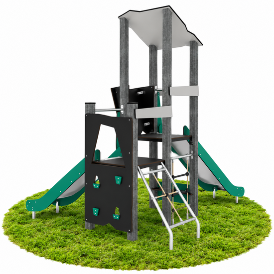Speeltoren Recycled III met zicht op  klimwand