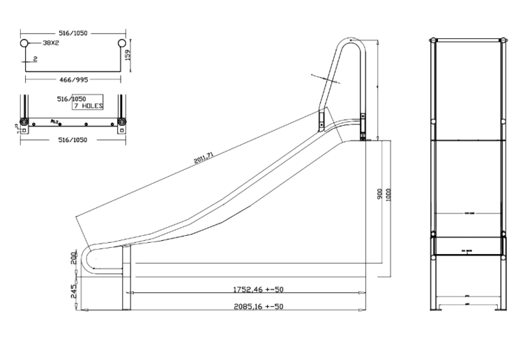 Afmetingen Glijbaan RVS Breed platformhoogte tot 100 cm